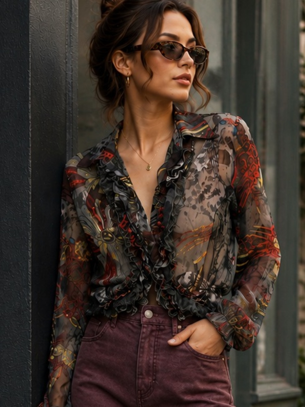 Silk Blend Y2K Sheer Ruffle And Lace Boho Romantic Blouse